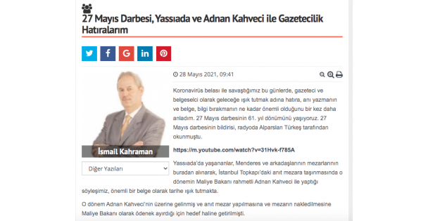 27 Mayıs Darbesi, Yassıada ve Adnan Kahveci ile Gazetecilik Hatıralarım