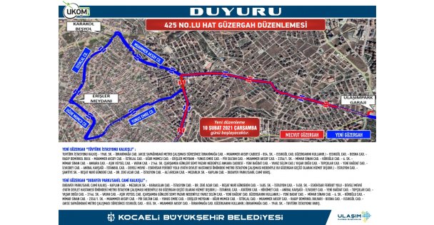 425 No`lu Hatta Güzergah Değişikliği