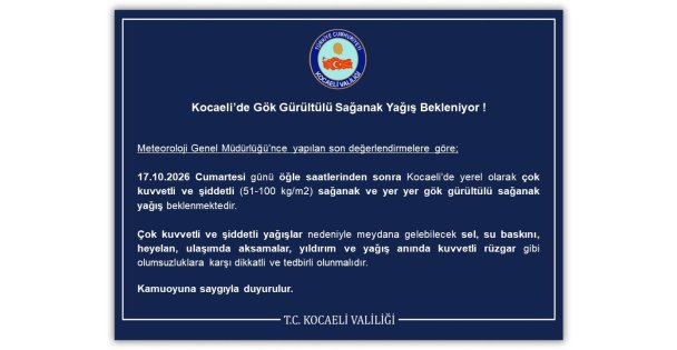 Kocaeli'de Gök Gürültülü Sağanak Yağış Bekleniyor !