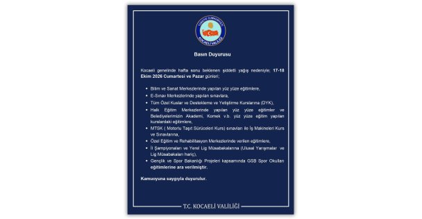 Kocaeli'de Şiddetli Yağış Nedeniyle Kurs ve Sınavlara Ara Verildi