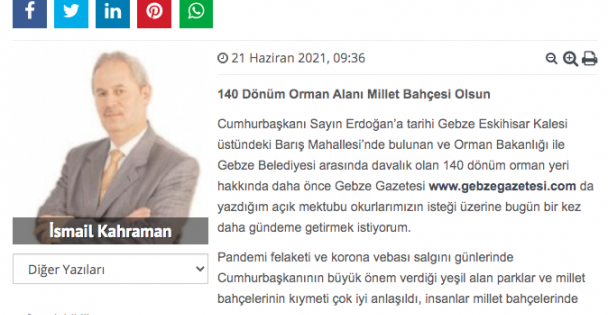 Sayın Cumhurbaşkanımıza Gebze Eskihisar Ormanları Mektubu