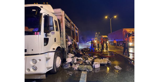 TEM otoyolunda tekstil yüklü kamyon alev aldı
