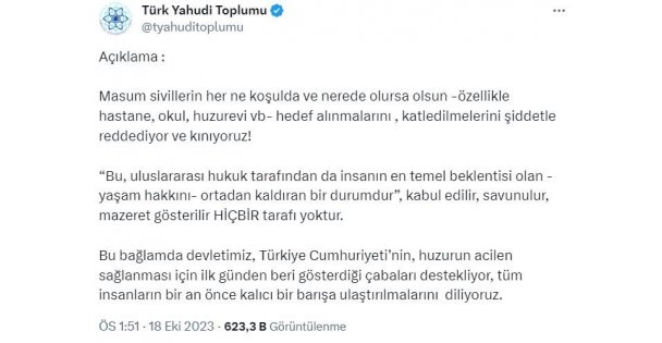 Türk Yahudi Toplumu İsrail'in hastaneye saldırısını kınadı