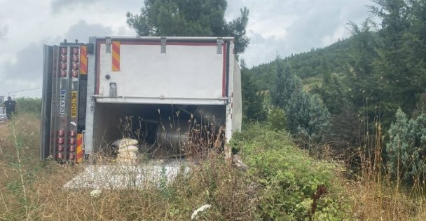 (VİDEOLU) Seyir Halindeki Kamyon Devrildi: Sürücü Yaralandı
